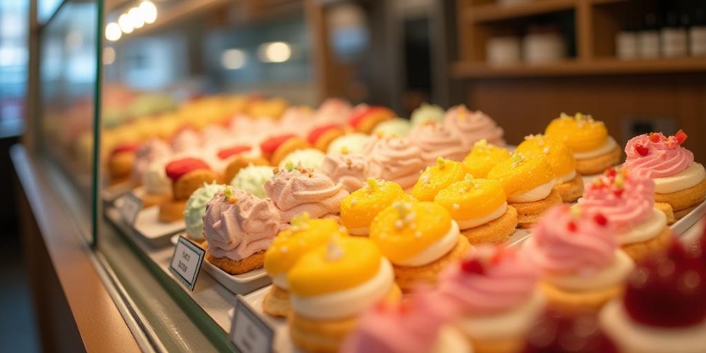 Vetrina con selezione di dolci e pasticcini freschi e colorati